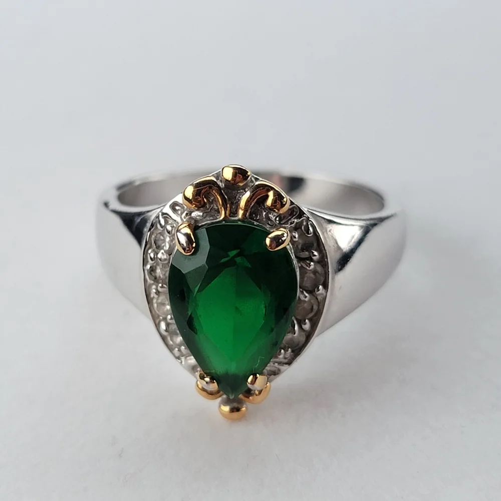 Emerald Teardrop Silver Ring Simulated Diamond Gemstone Gold Tone Accent sz 12